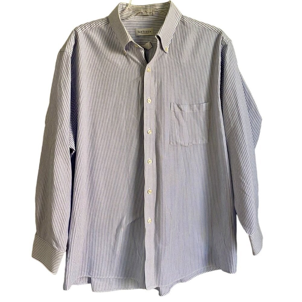 Van Heusen Blue White Oxford Wrinkle Free Button Down Shirt Men's 17